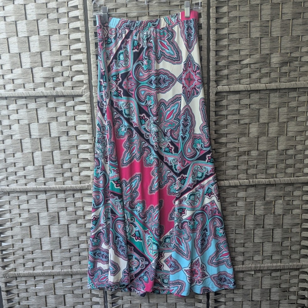 Chico's Maxi Skirt Pink Blue Paisley Print Elastic Waist Sz 0 (S) Colorful Boho